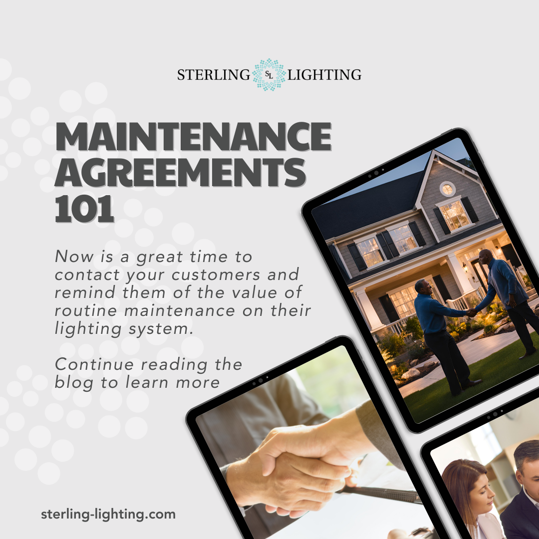 Maintenance Agreements 101 graphic showing a contractor shaking hands with a homeowner in front of a lit home